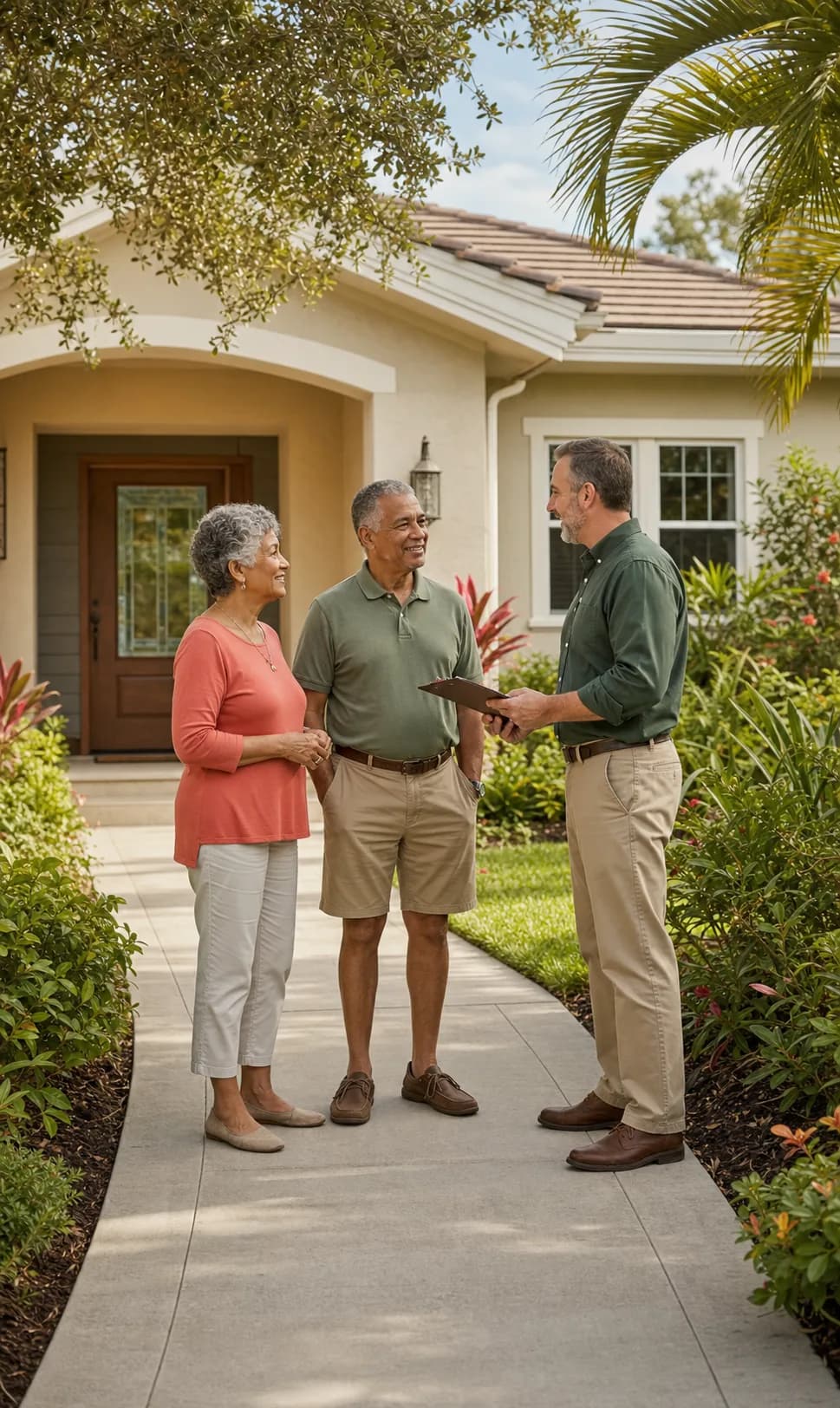 An older couple talking with a home-accessibility professional outside their Florida home