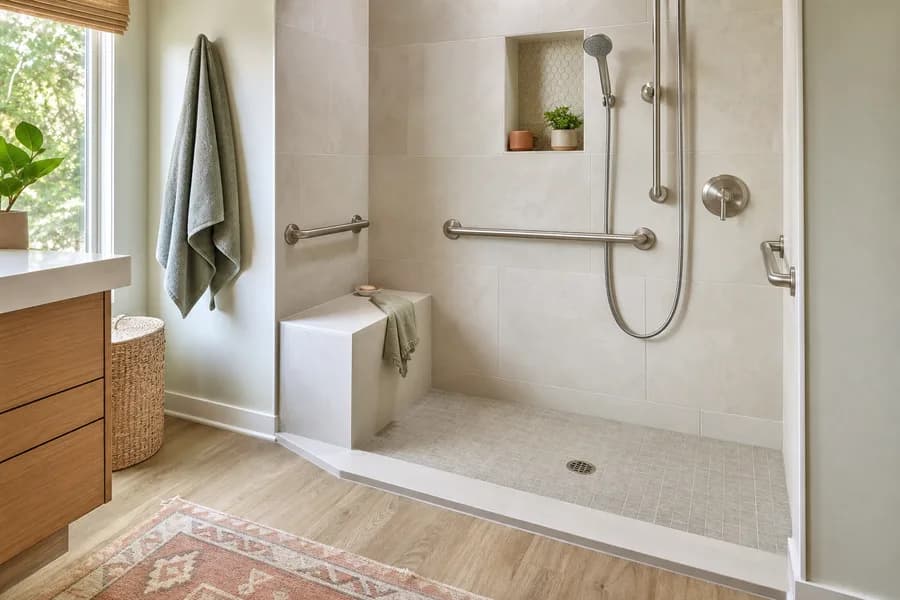 An accessible walk-in shower with a bench, handheld showerhead, and grab bars
