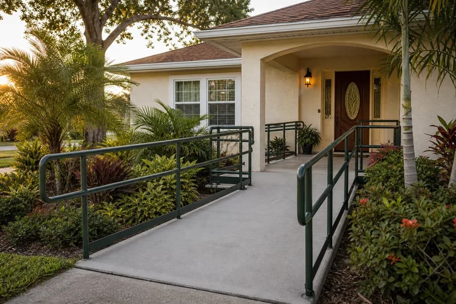 A landscaped residential accessibility ramp leading to a Florida home